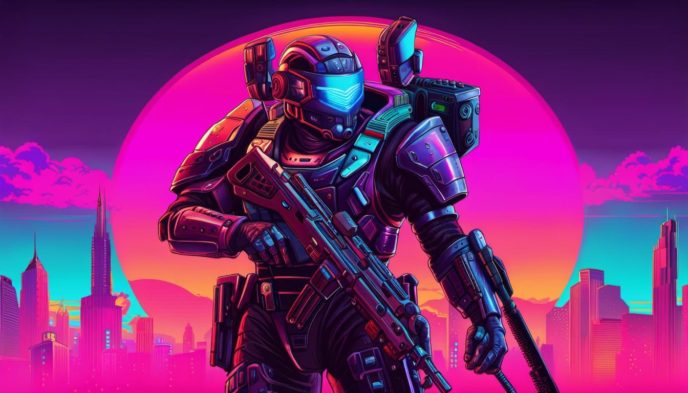 Synthwave Cyborg Soldier in Vivid Colors