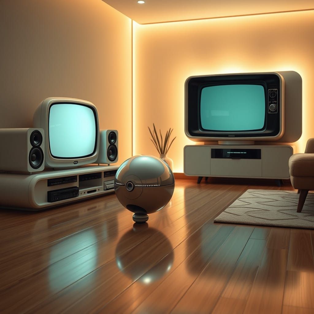 Retro Futuristic Home with a Sleek, Curved CRT TV and Robot...