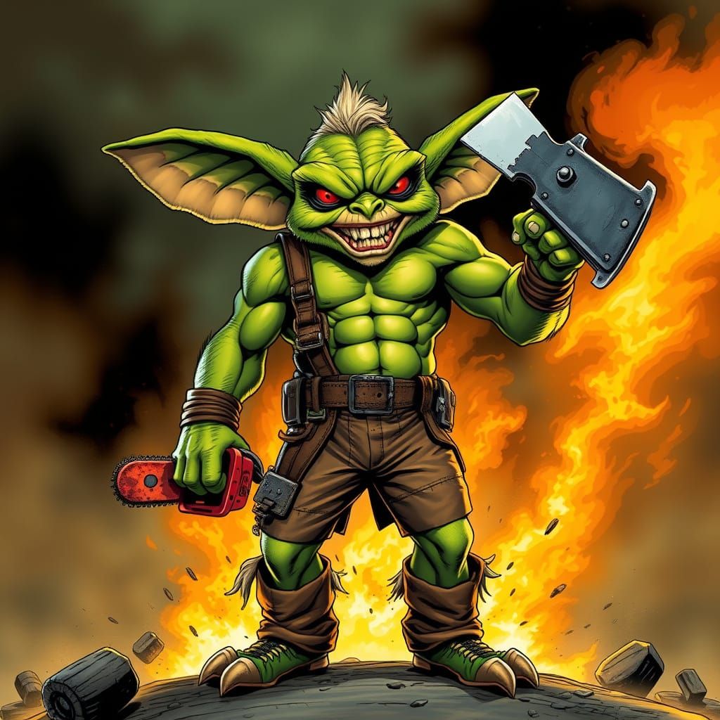 Menacing Green Gremlin Lumberjack in Comic Book Style