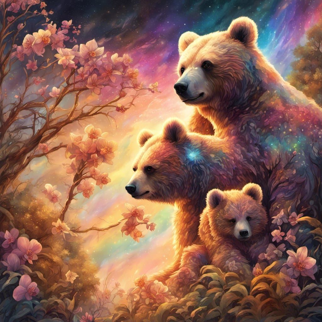 Rainbow Winged Bear Family in Surrealist Collage