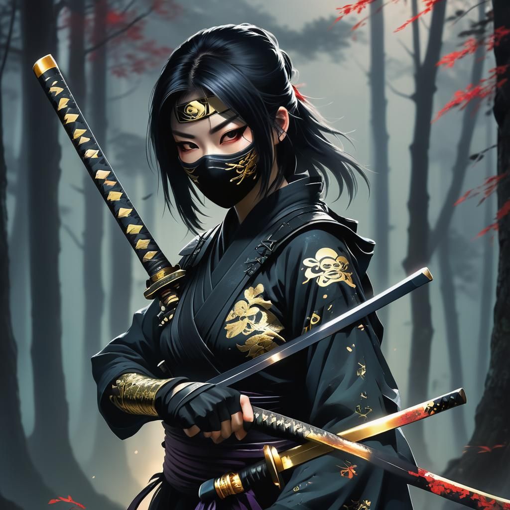 Masked Ninja Girl with Katana in Manga Style