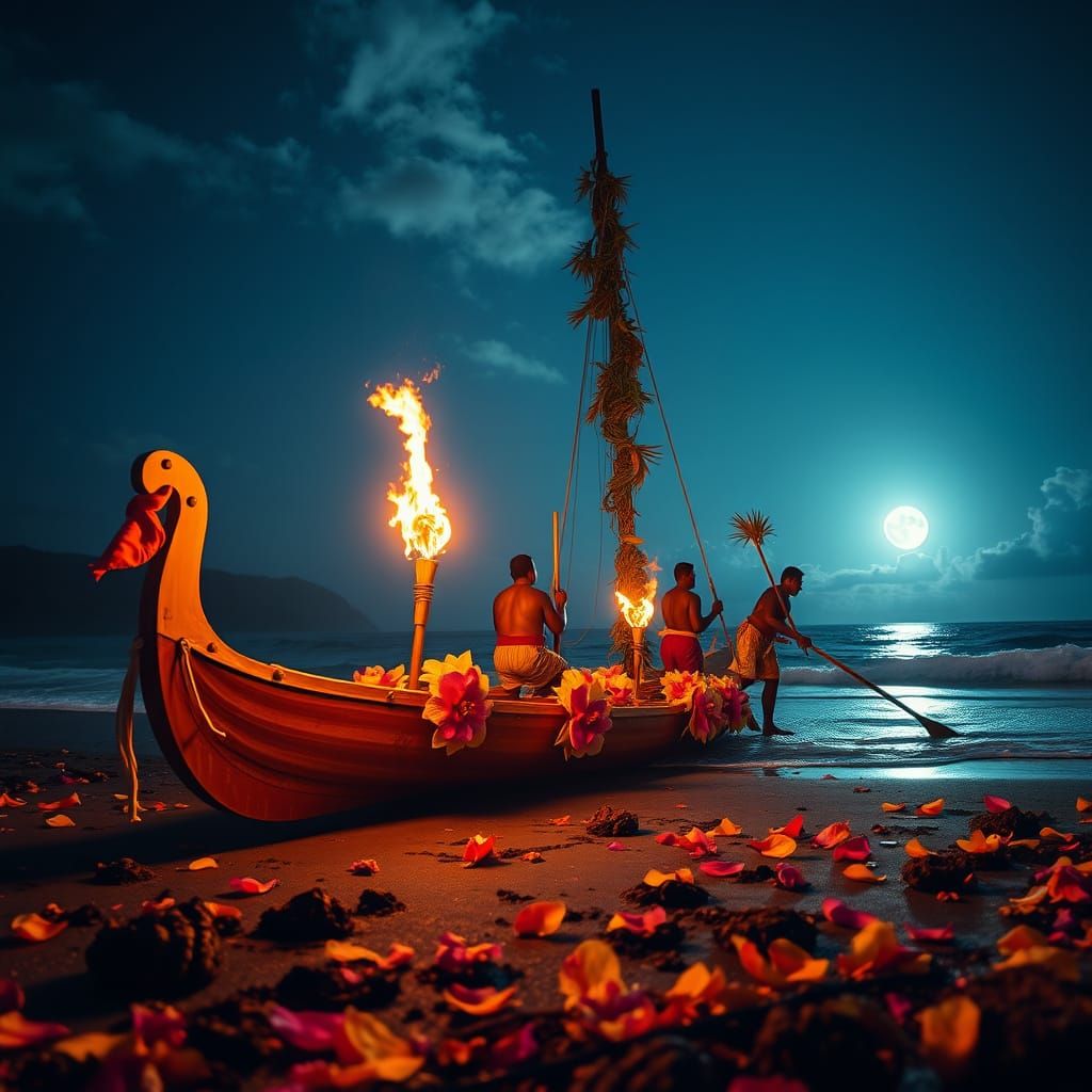 Polynesian Outrigger Celebration on Volcanic Beach