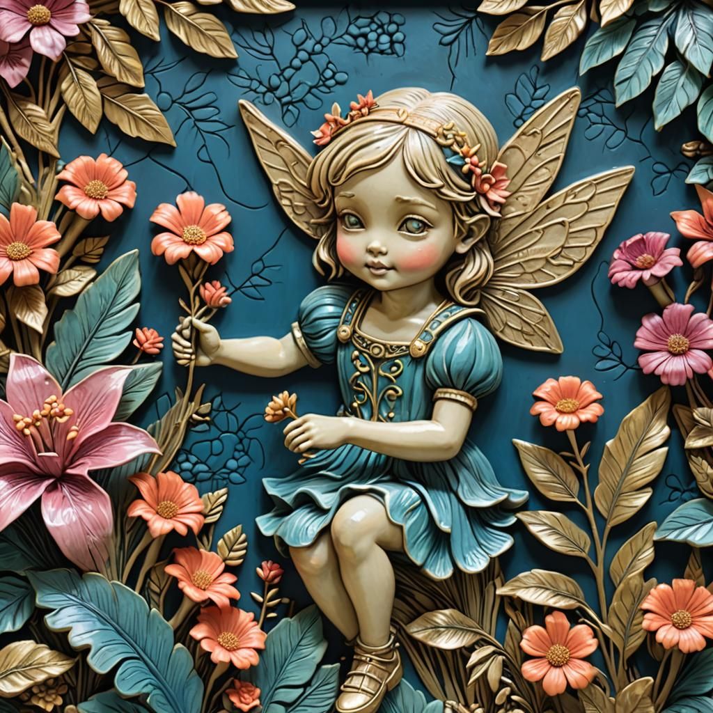 Whimsical Fairy with Flowers in 3D Relief