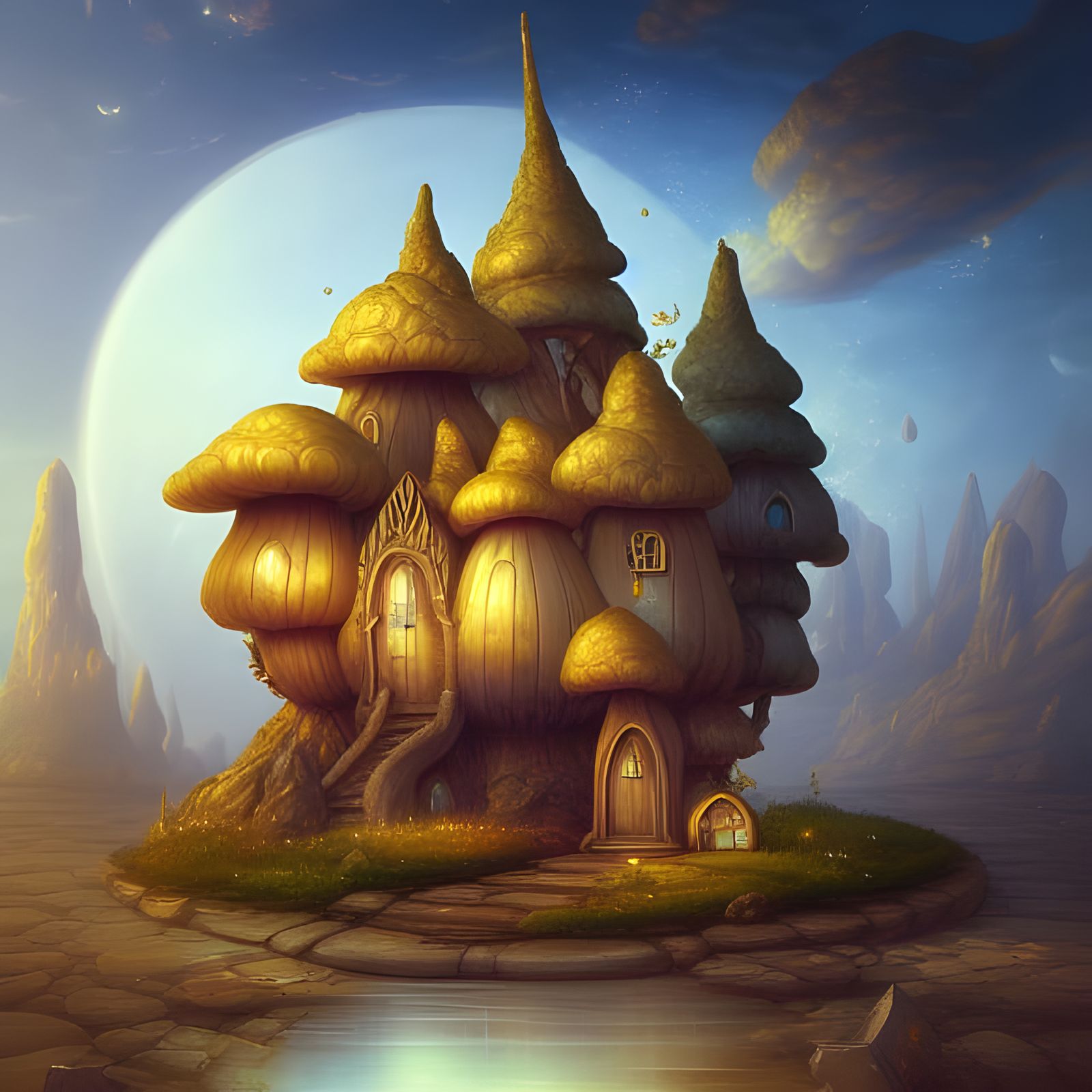 Gold Mushroom Gnome House with Elaborate Architecture