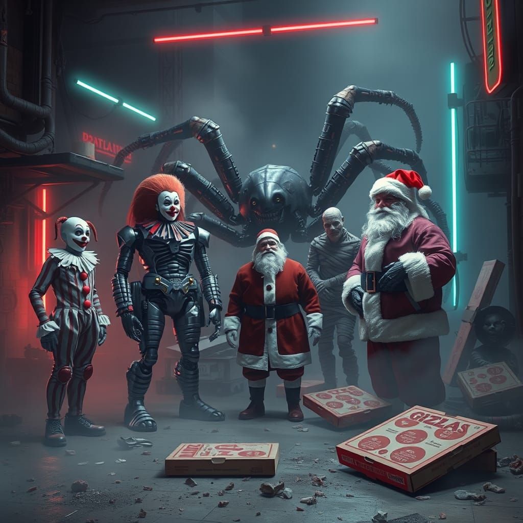 Strange Gathering: Clown, Robot, Spider, Mummy, Santa