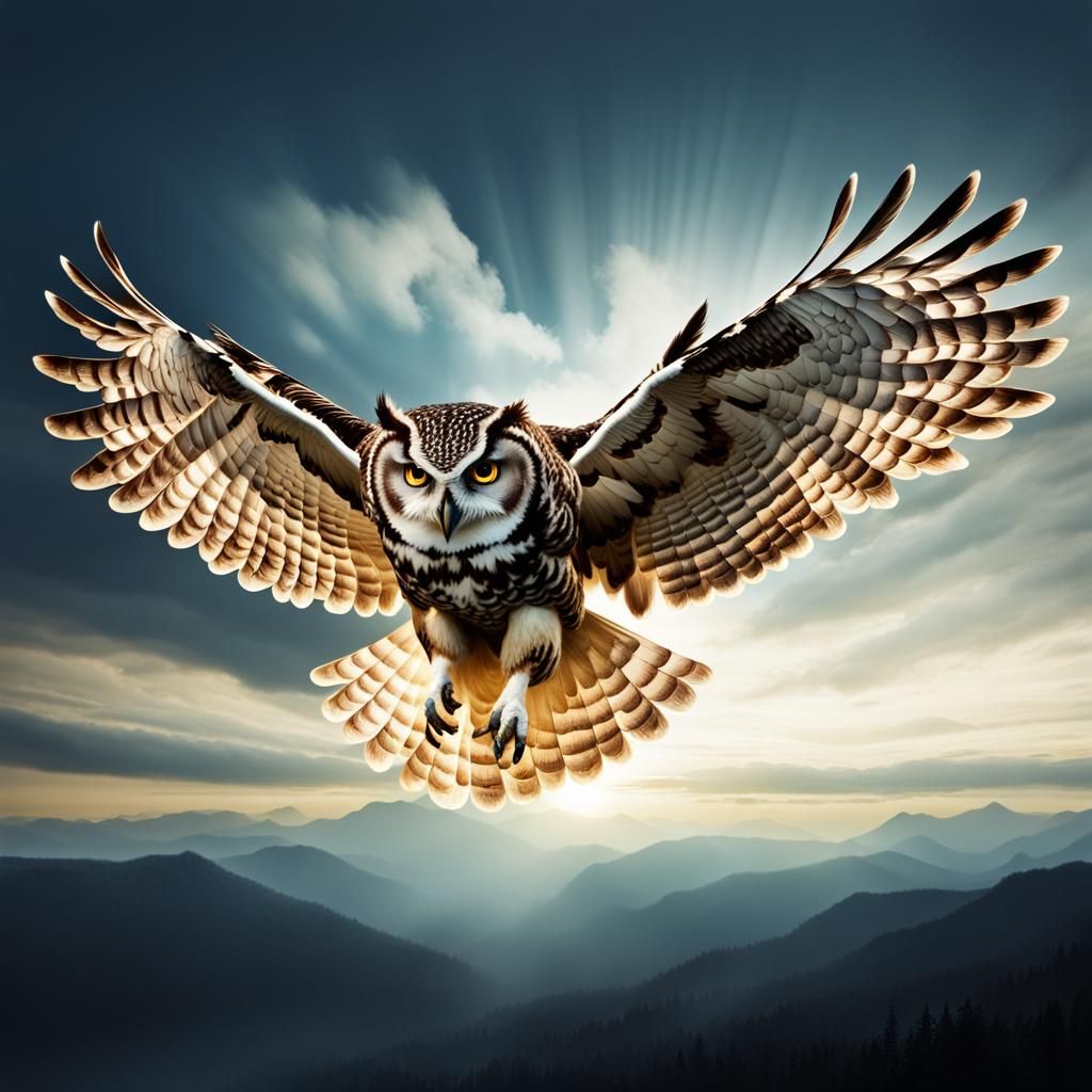 Dramatic Owl Soaring with Wide Wings