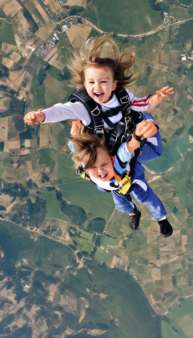 Toddler Skydiving with Bird Looking On