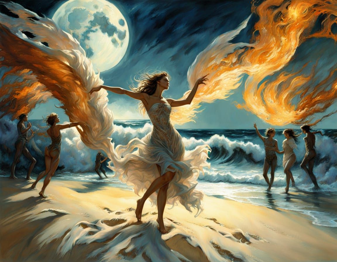 Moonlit Beach Party in Art Nouveau Style