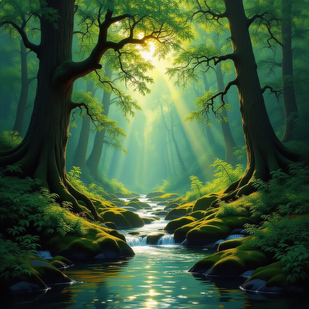 Majestic Forest Stream in Dramatic Golden Light