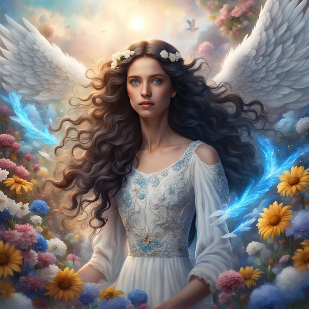 Angel with Dark Hair and Blue Eyes, Detailed Matte Painting