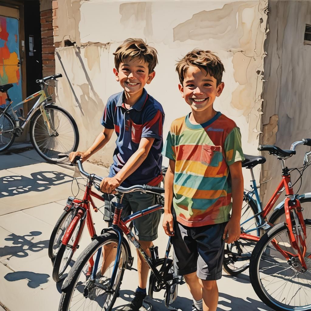 Boy and Bicycle: Vibrant Colors and Bold Lines