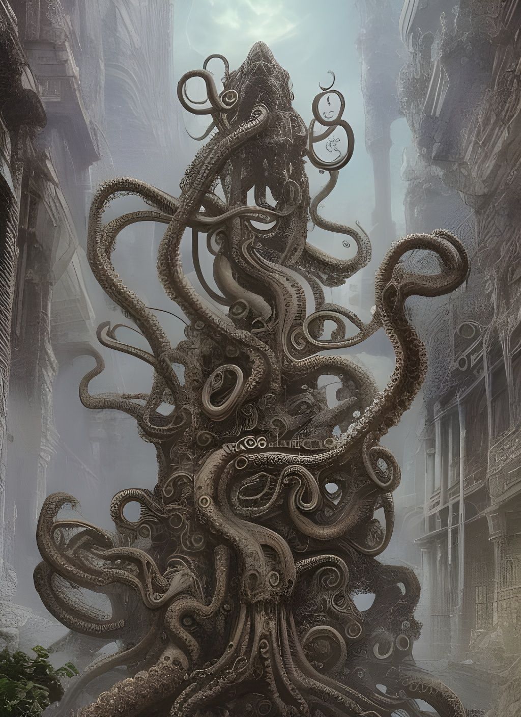 Tentacled Beast Emerges from Ruins: Lovecraftian Art
