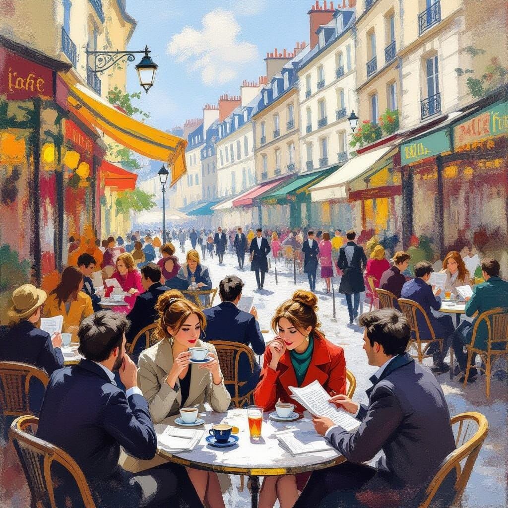 Parisian Cafe Scene in Impressionist Painting Style