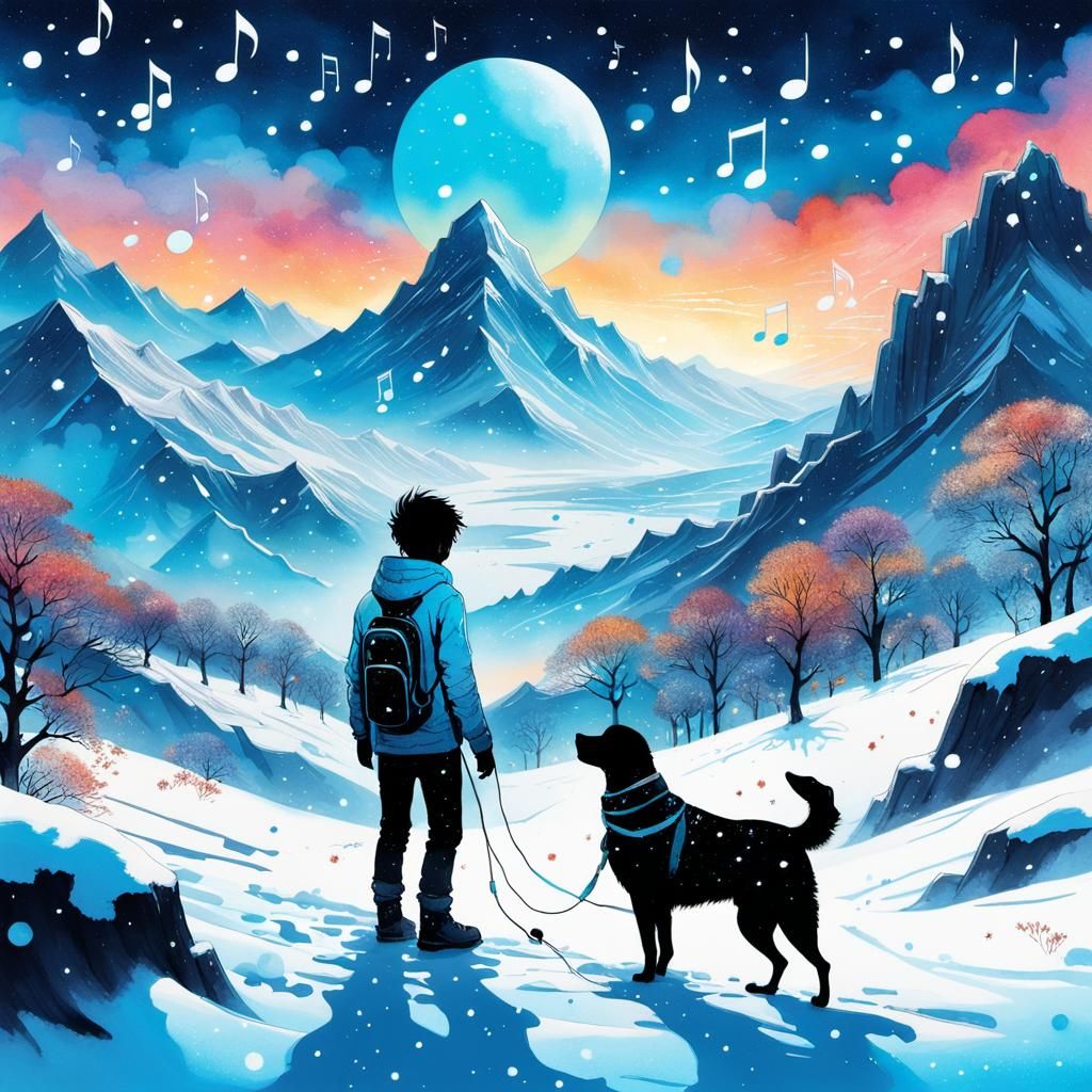 Boy and Dog in Snowy Galaxy, Watercolor Art