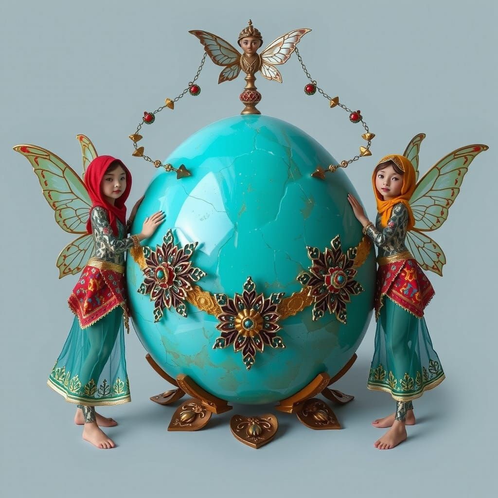 Fairies Guarding Turquoise Gem, Art Nouveau Style