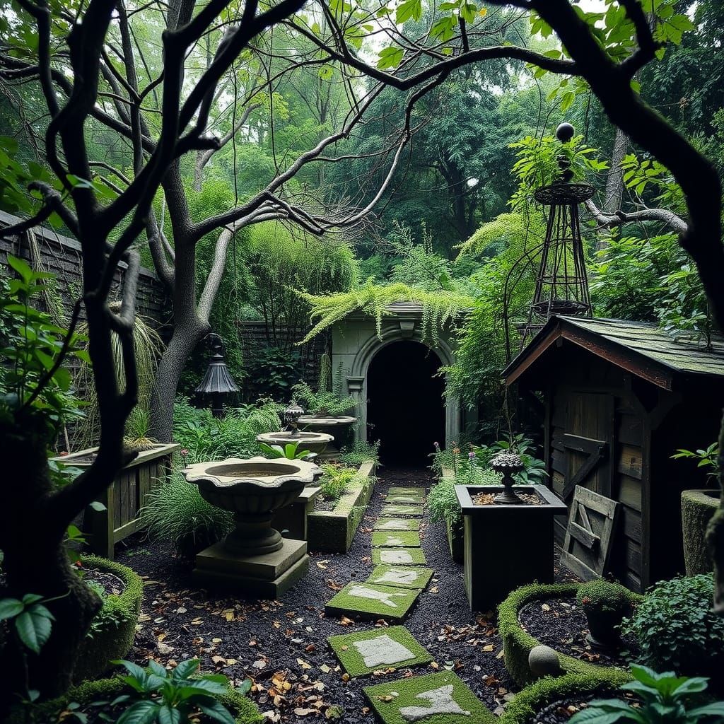Eerie Overgrown Garden with Spooky Mystery