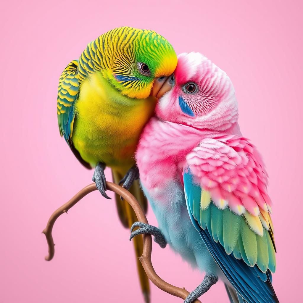 Vibrant Parakeets Nuzzling on Branch, Photorealistic Image