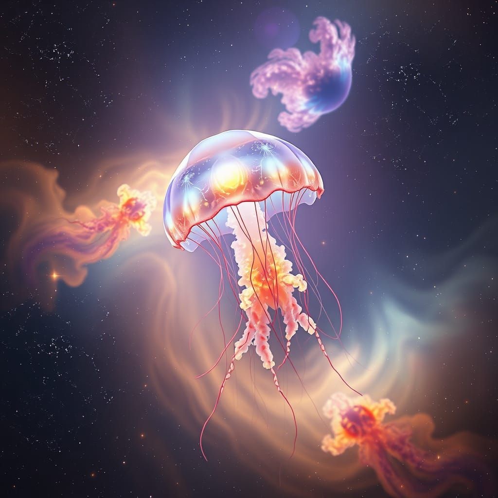 Bioluminescent Jellyfish in Cosmic Nebula