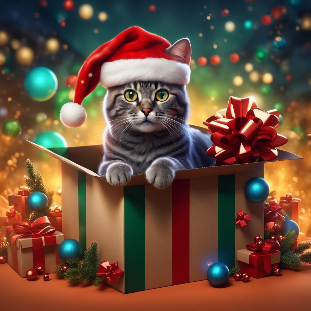 Festive Cat in Box: Digital Matte Painting