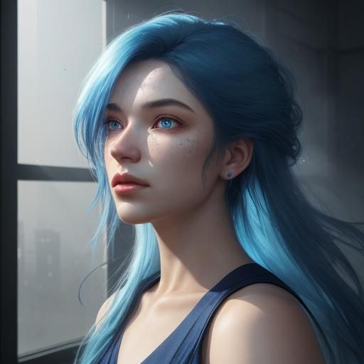 Azure-Haired Girl in Hyper-Realistic Digital Art