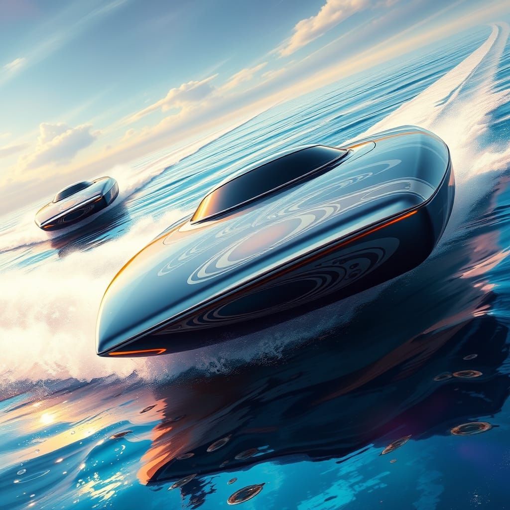 Sleek Speedboats in Iridescent Sea, Art Deco Designs