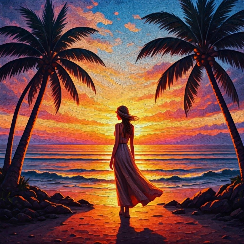 Woman in Sundress at Sunset: Impressionist Impasto