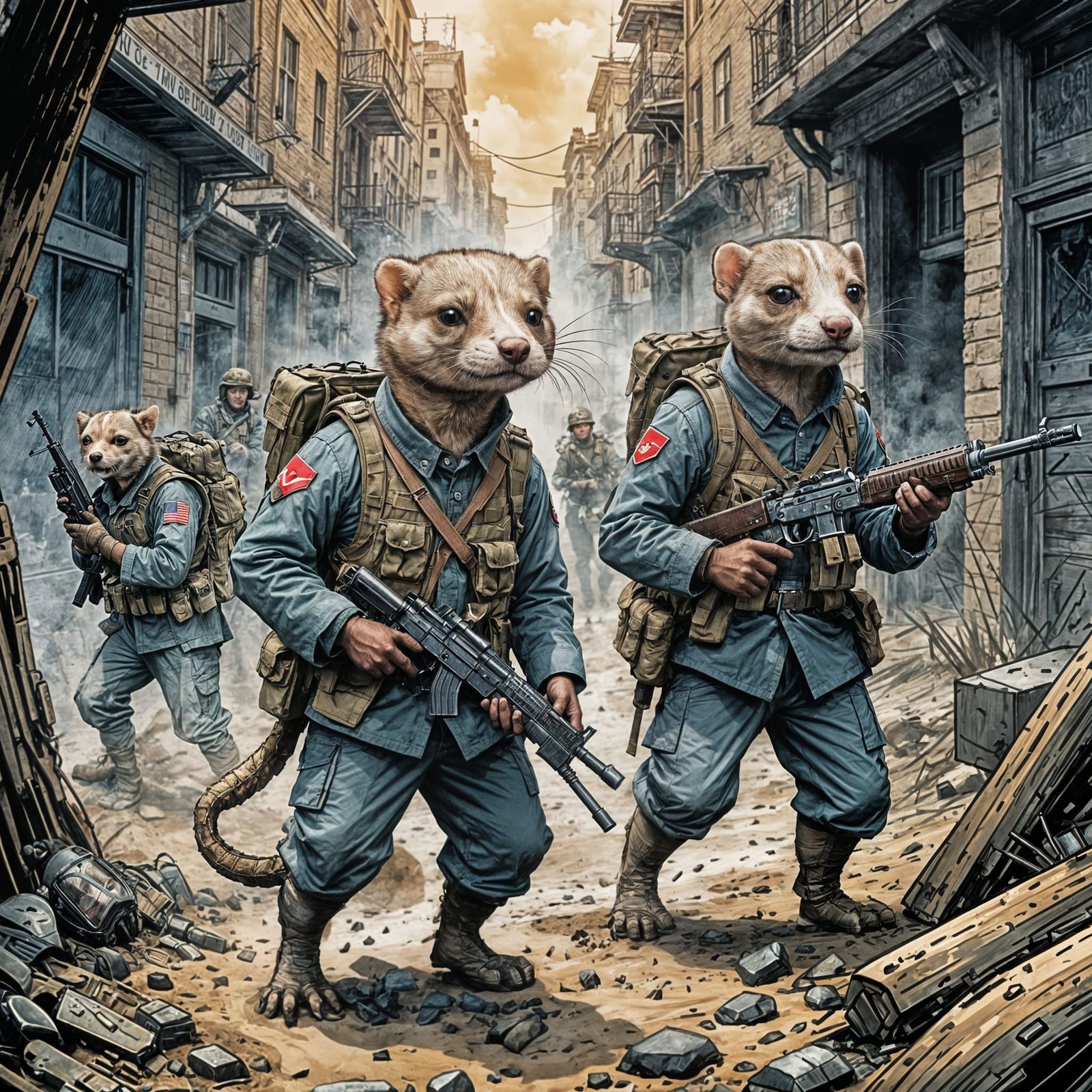 WWI Ferret Soldiers in Watercolor Comic Art