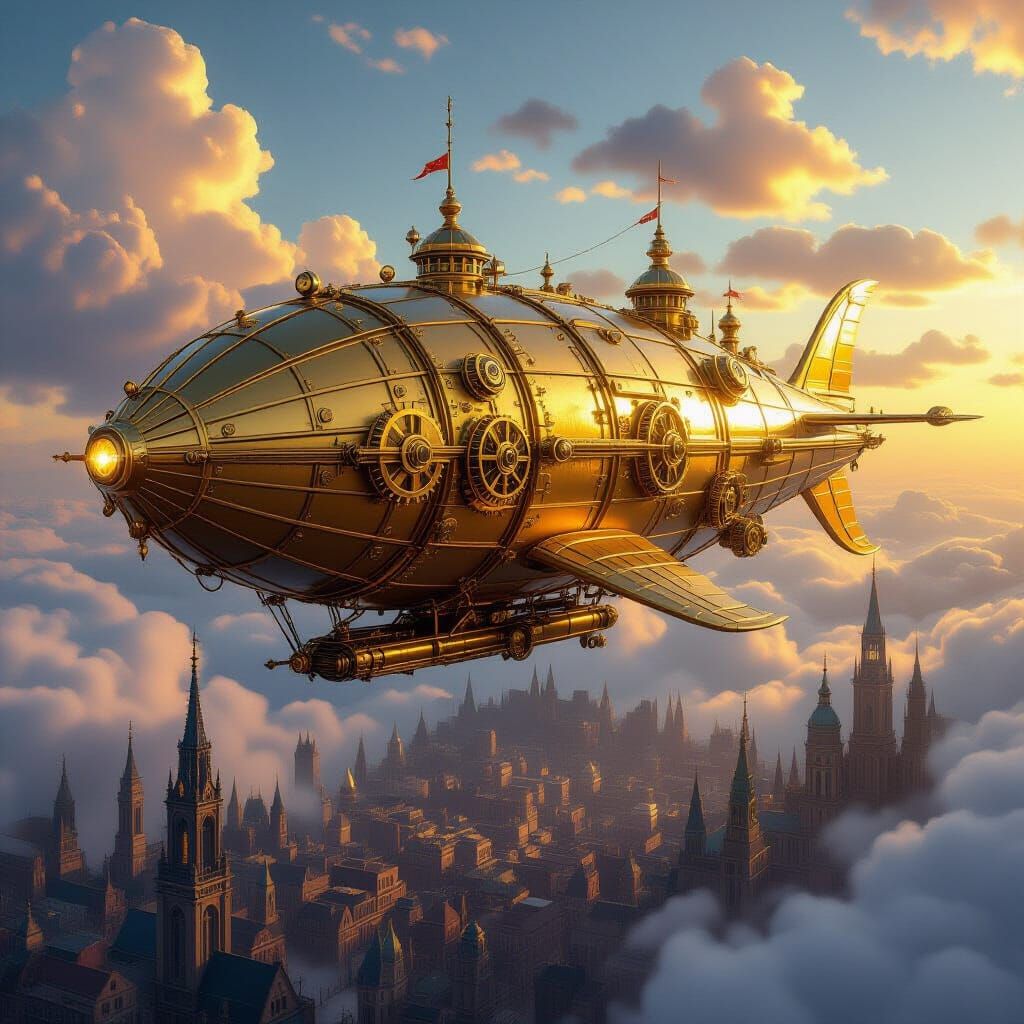 Golden Dragon Steampunk Airship Over Victorian City