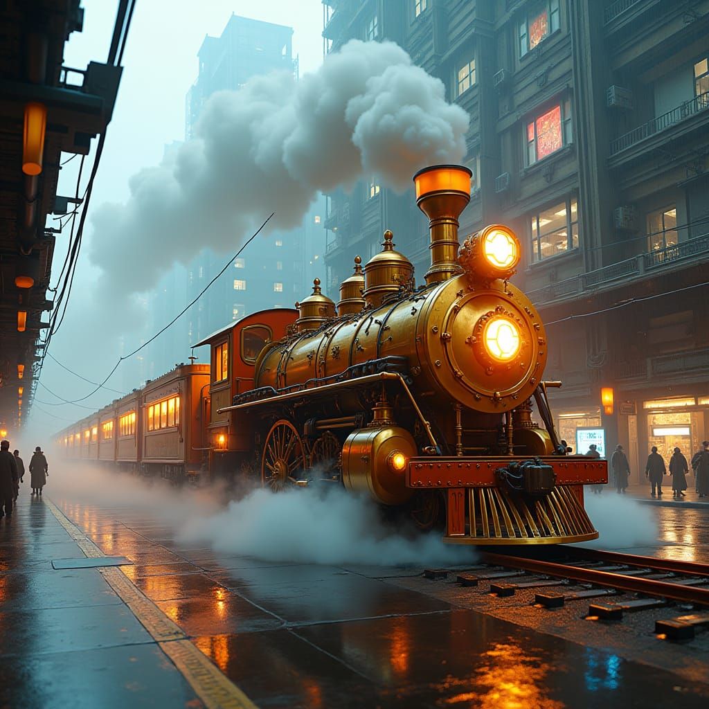 Steampunk-Cyberpunk Train Glides Through Dystopian City