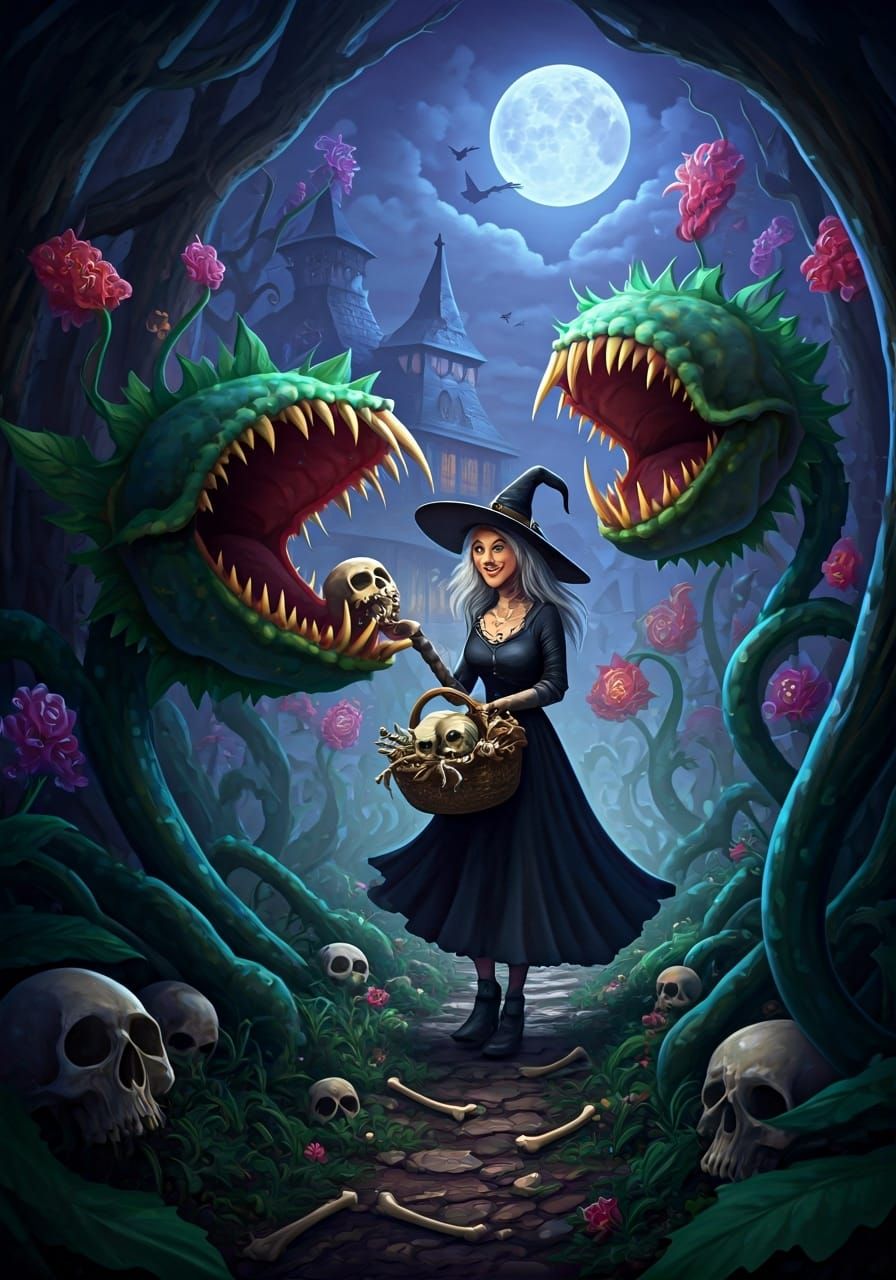 Witch in Surreal Skull Garden Digital Illustration