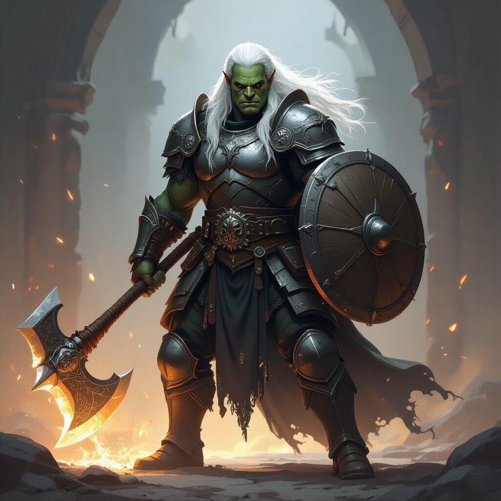 Half-Orc Cleric Crusader with Axe and Shield in Divine Light