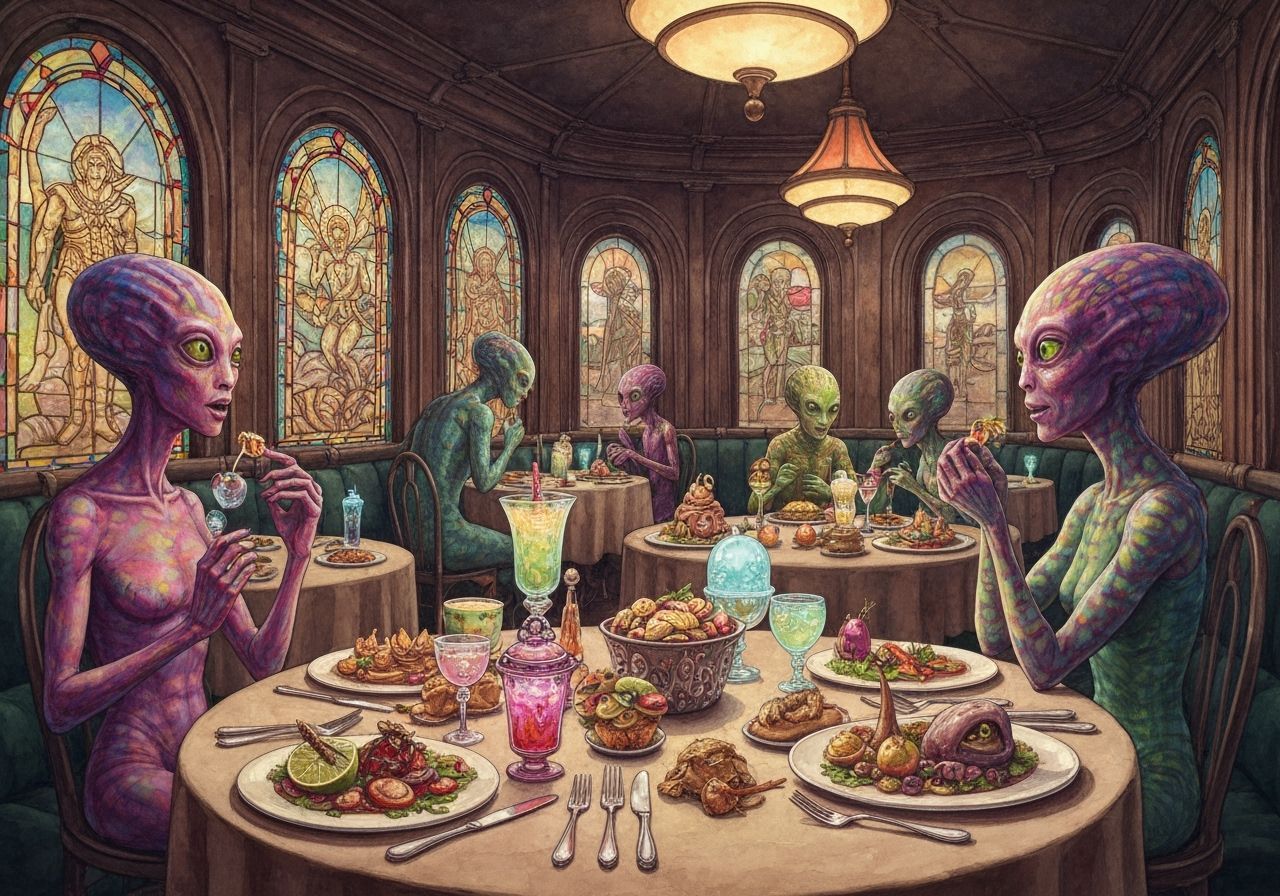 Alien Restaurant Scene in Watercolor Style