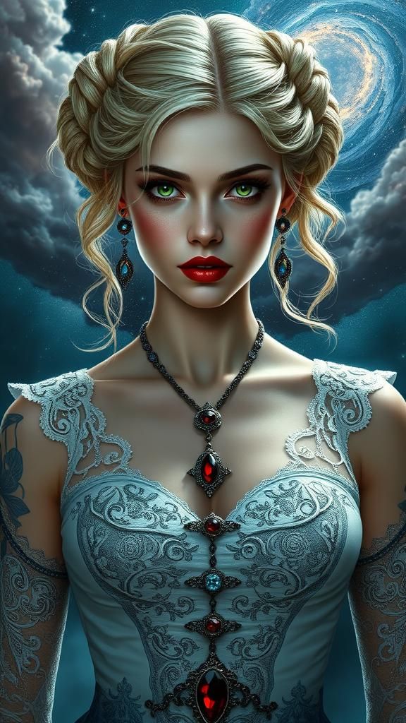 Vampire Woman with Sapphire Necklace in Gothic Style