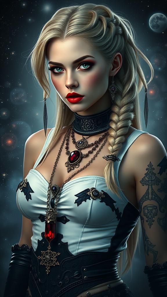 Vampiress in Gothic Attire with Astral Background
