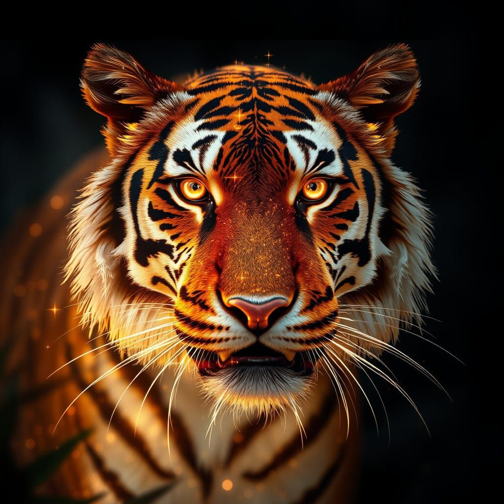 Mystical Tiger Radiates Celestial Glow in Dark Jungle Night