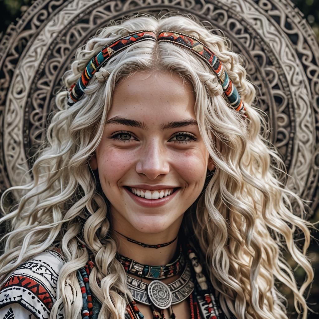 Smiling Girl in Tribal Dress, Hyperrealistic Image