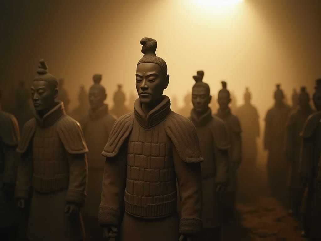 Ethereal Terracotta Warriors in Golden Haze, Cinematic 35mm ...