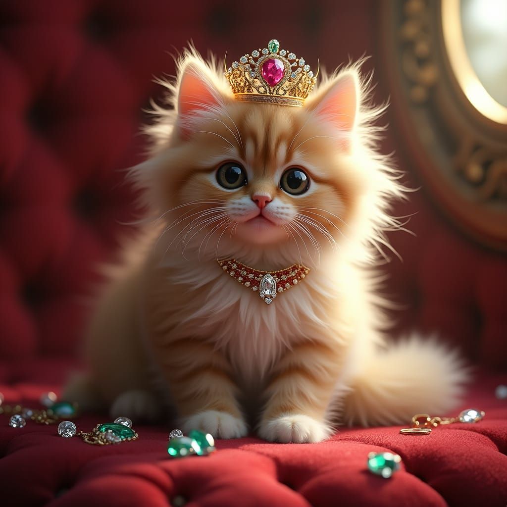 Regal Persian Kitten Surrounded by Jewels in Whimsical Art N...