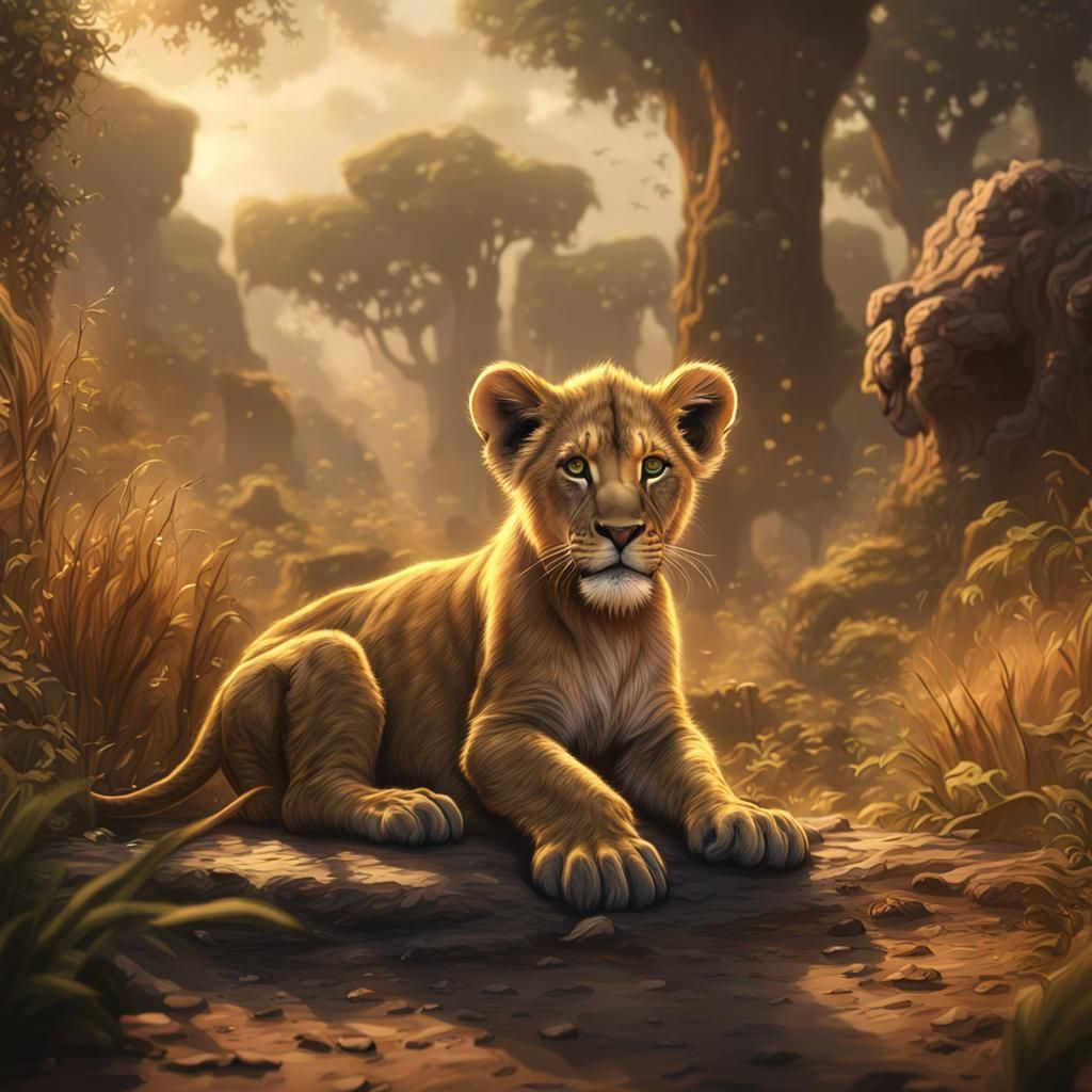 Lion Cub in Savannah: Detailed Matte Painting