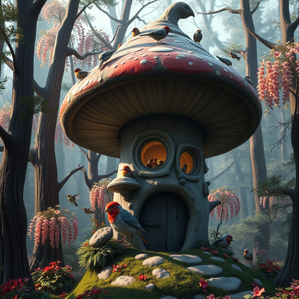 Mushroom Birdhouse in Enchanted Forest: Fantasy Concept Art