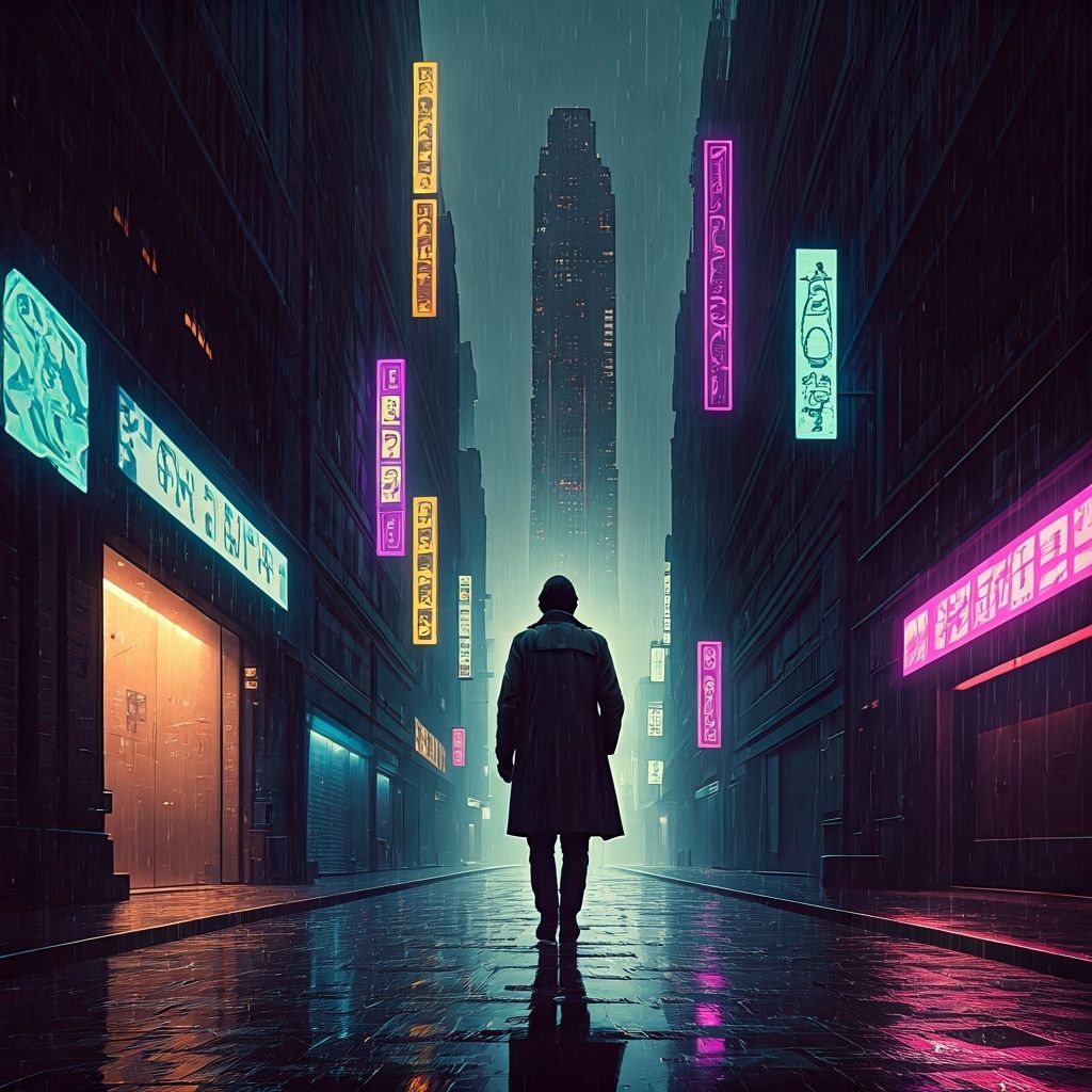 Lone Figure in Neon-Lit Futuristic City