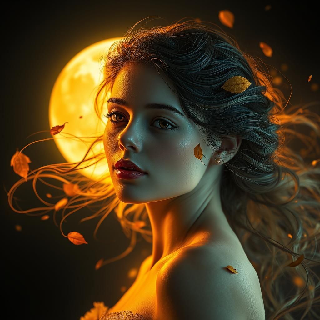 Ethereal Autumn Woman Dancing in Moonlight