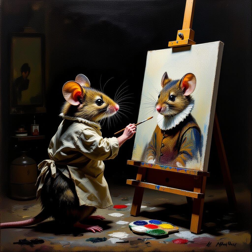 Mouse Artist Paints Portrait in Impasto Style