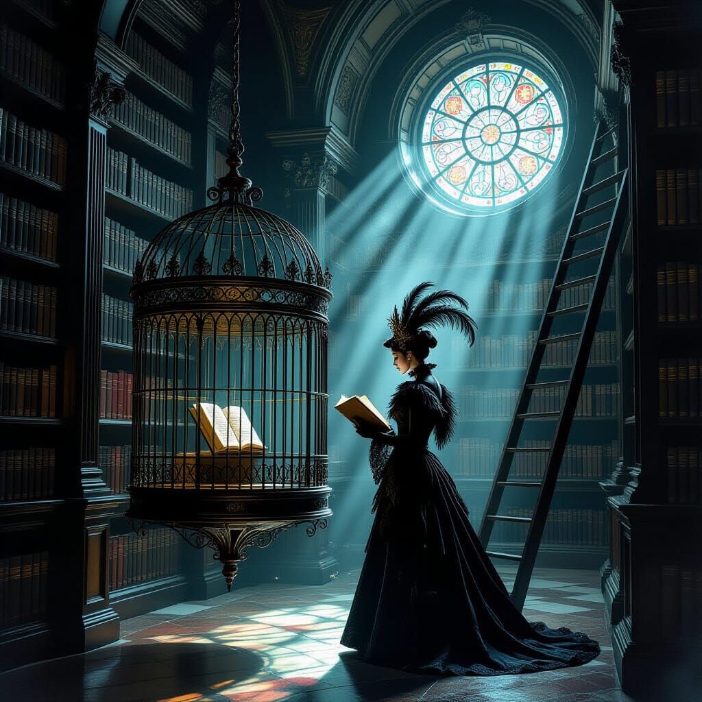 Woman in Ornate Bird Cage in Dimly Lit Library