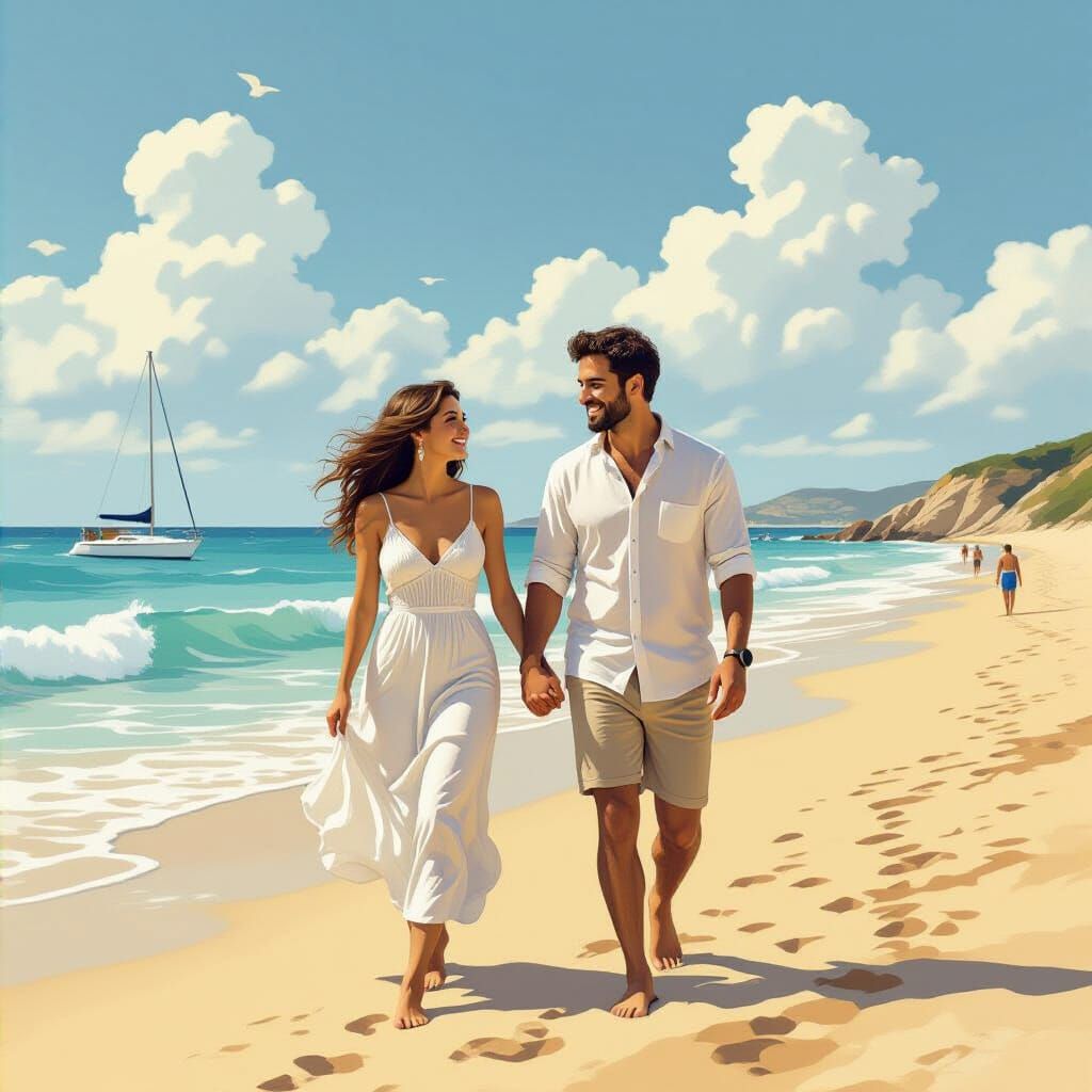 Romantic Beach Walk at Sunset in Realistic Style