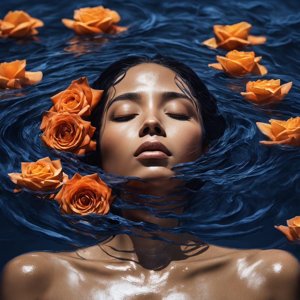 Serene Face in Blue Waters with Orange Roses