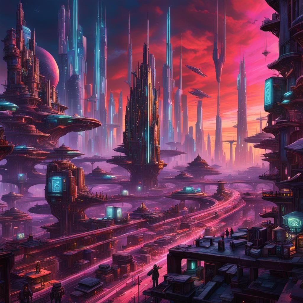 Cyberpunk Cityscape Dominated by Biomechanical Beings