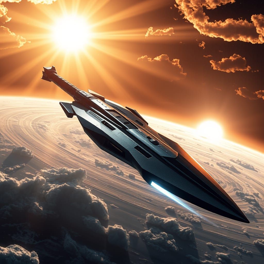 Sword-Shaped Spaceship Orbits Alien Planet at Sunrise in Syd...