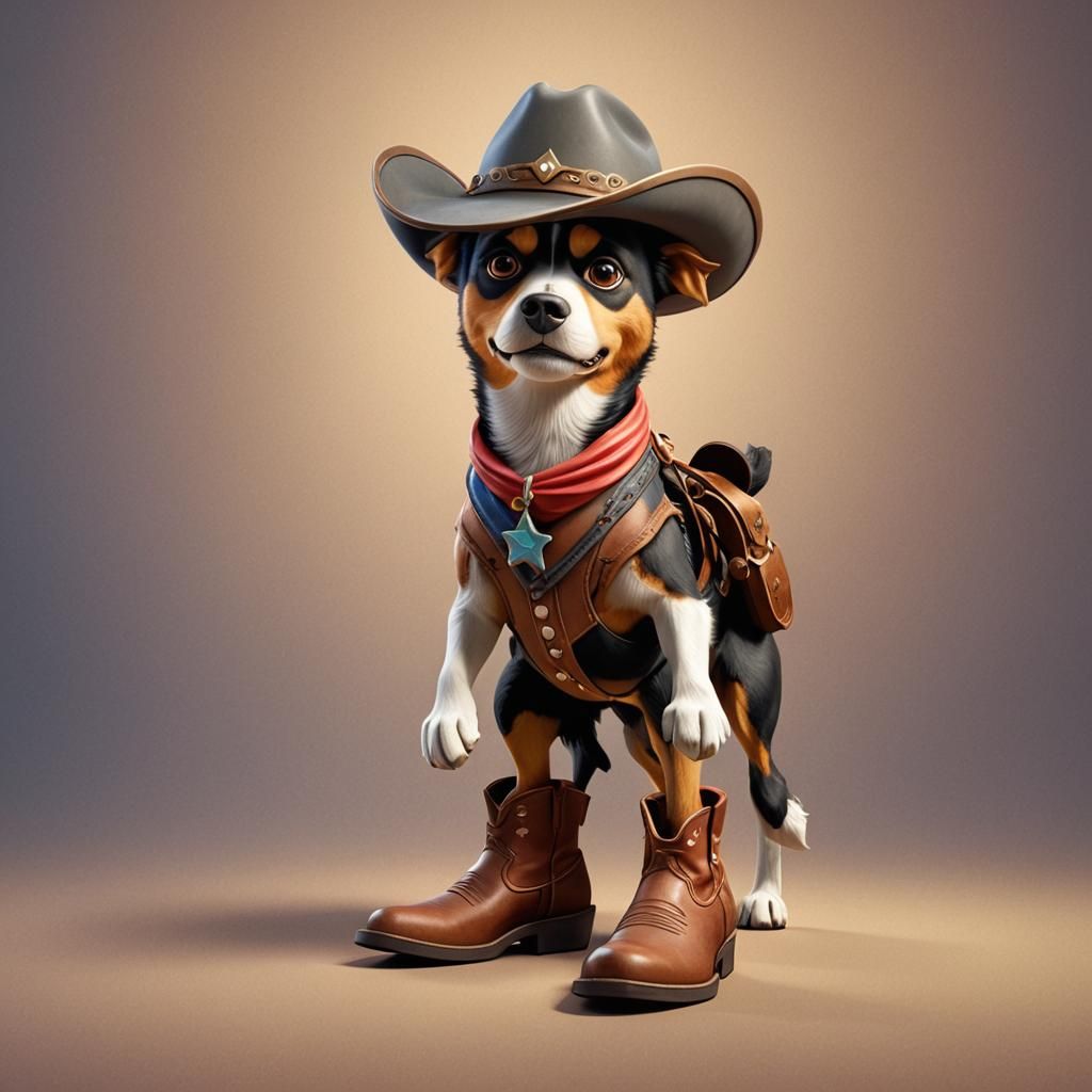 A dog wearing a cowboy hat and a pair of cowboy boots