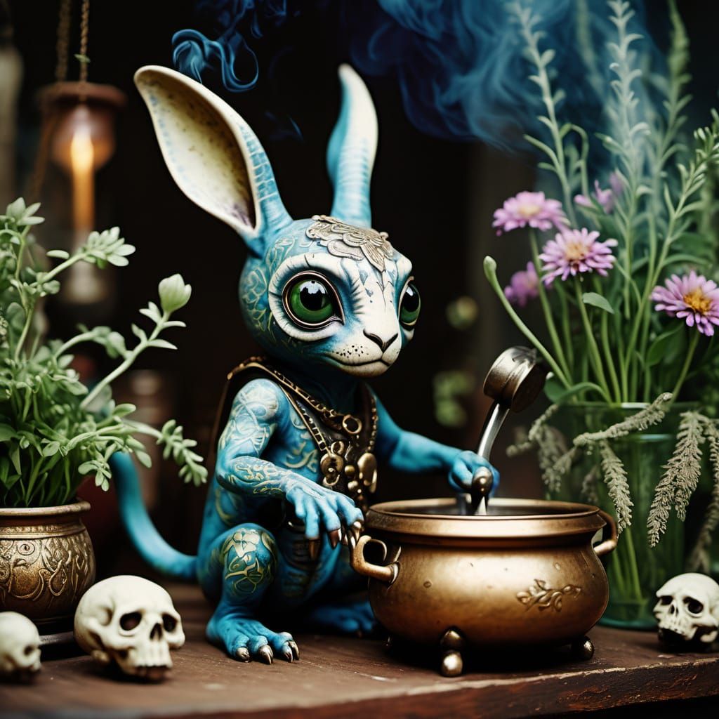 Mystical Creature Beside Steaming Cauldron in Enchanted Fore...